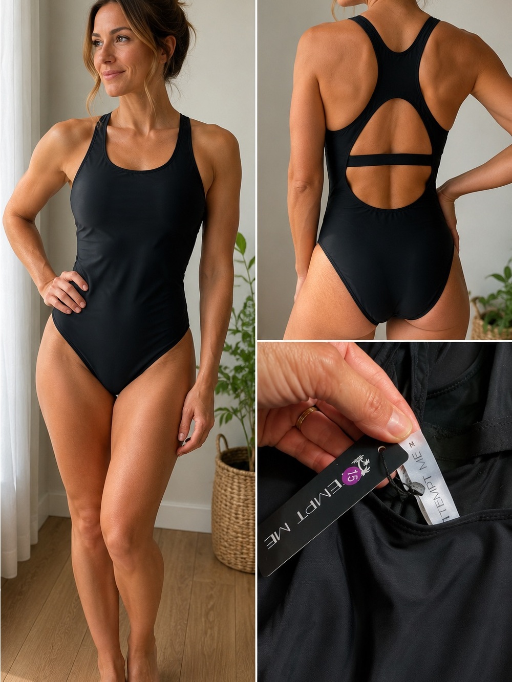 NWT Tempt Me Black Racerback One-Piece Swim Suit